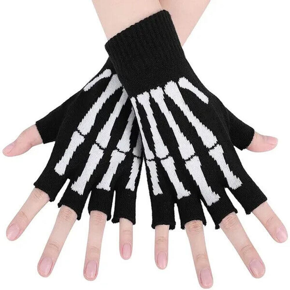Skeleton Bones Gloves Fingerless Knitted Black Glow OSFM Cosplay Goth Punk Rock